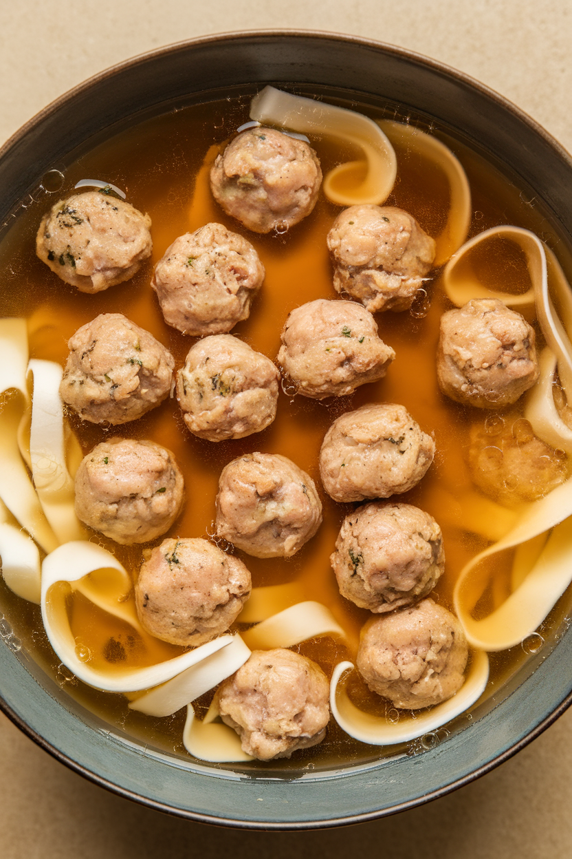 Indoor soup pot of clear ginger-garlic broth with small turkey meatballs and visible ribbons of egg. No text or logos.