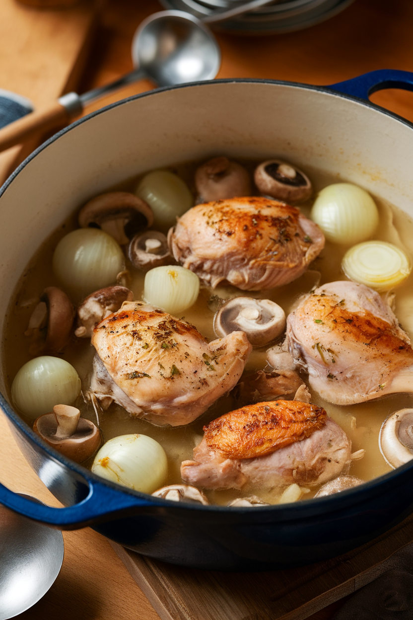 Indoor Dutch oven filled with chicken pieces, pearl onions, and mushrooms in a light white-wine broth, ladle resting on side. No logos. Photo.