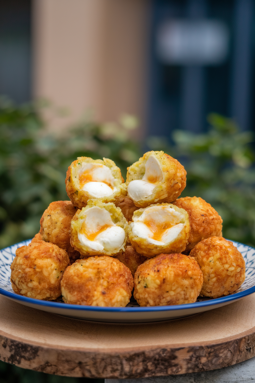 Indoor plate piled high with fried risotto balls split open to reveal molten mozzarella centers, golden from saffron; no text or logos