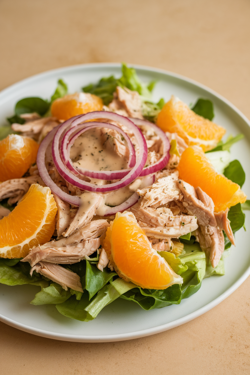 Indoor photo of shredded chicken tossed with orange segments, arugula, and thin red onion on a salad plate; side lighting, no text or logos