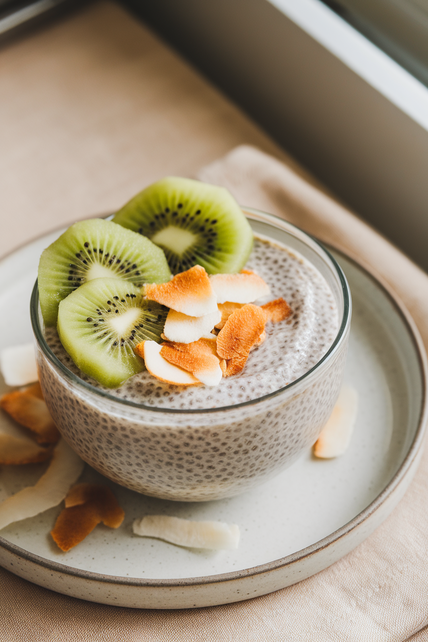 Indoor tabletop with a small bowl of creamy chia pudding garnished with kiwi slices and toasted coconut flakes, photographed close up. No text or logos.