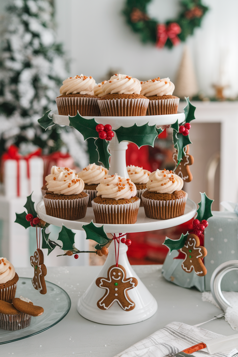 Indoor cupcake stand displaying gingerbread cupcakes topped with swirls of cream cheese frosting and tiny gingerbread sprinkles; no text or logos.