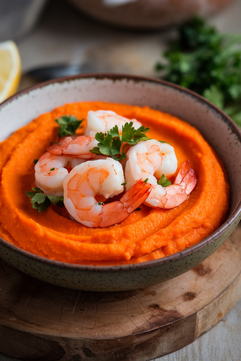Indoor bowl photo of vibrant orange carrot-ginger puree topped with cooked shrimp and parsley; soft lighting, no text or logos.