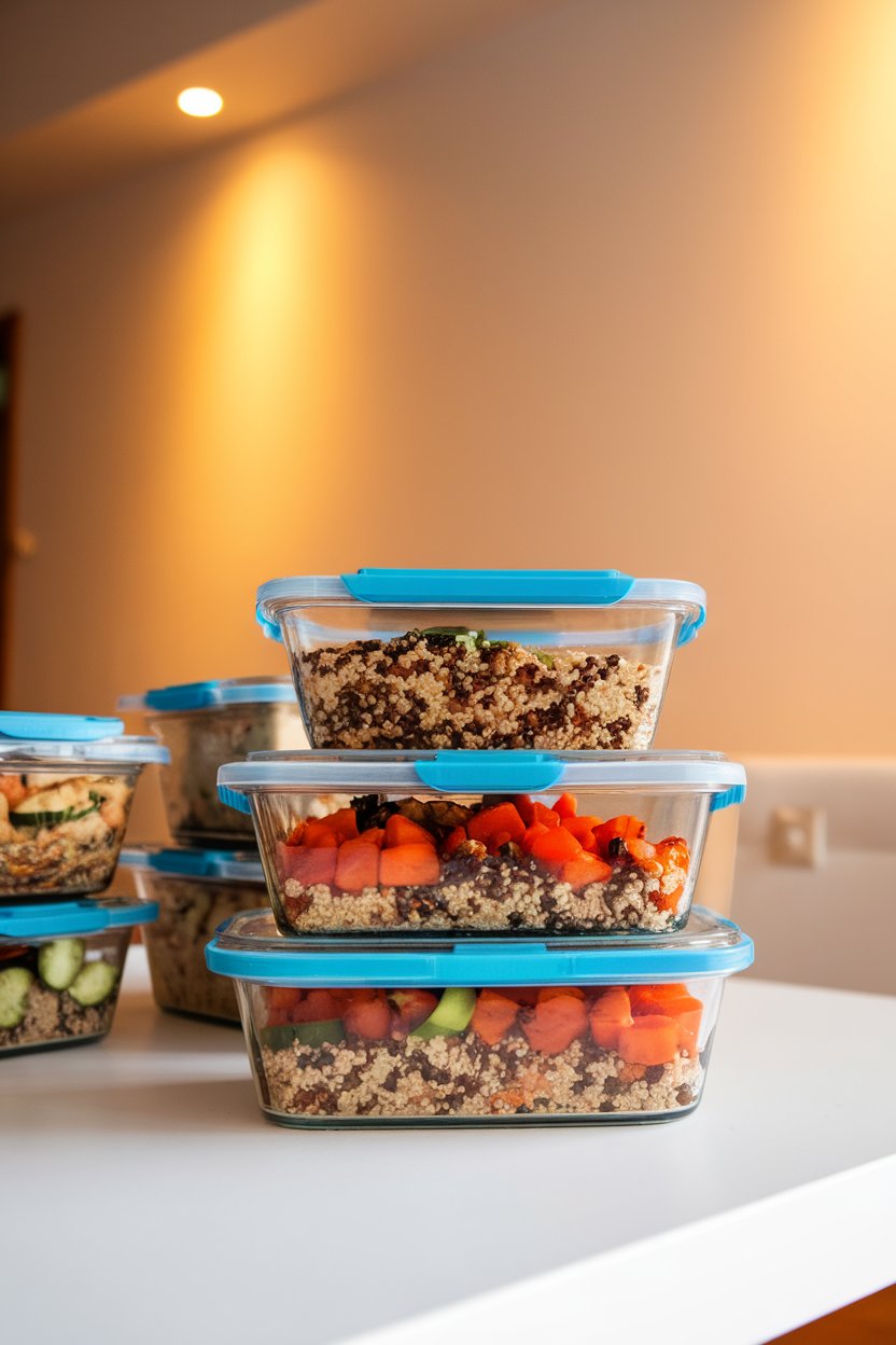 Photo of an indoor dining table with glass meal-prep containers filled with quinoa salad and roasted vegetables neatly stacked. Warm overhead lighting, no text or logos.