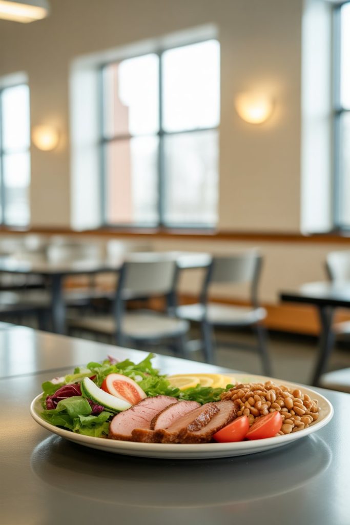 A balanced buffet plate with lean protein, salad, and whole grains placed on a cafeteria table indoors; no text or logos; photo