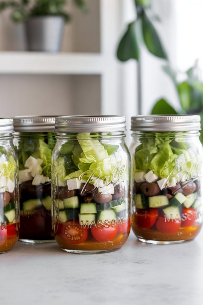 A bright indoor counter lined with mason jars layered from bottom to top: vinaigrette, cherry tomatoes, cucumber, olives, feta, and chopped romaine. No logos or text on jars.