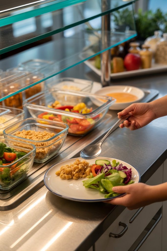 A buffet-style kitchen counter showing someone spooning salad and grains first, leaving protein space empty on the plate. No branding in view.