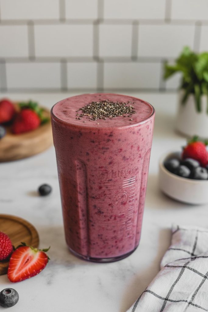 A clear blender cup filled with a berry smoothie sprinkled with chia seeds on top, indoor countertop setting; no text or logos; photo