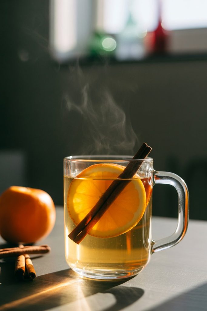 A clear glass mug indoors filled with steaming apple cider, orange slice and cinnamon stick floating. Photo, no text or logos.