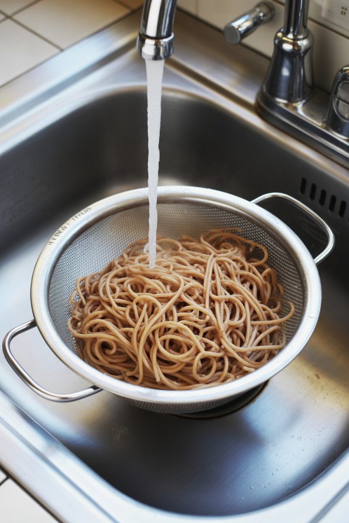 A colander of cooked whole-wheat spaghetti draining in a sink indoors; no text or logos; photo