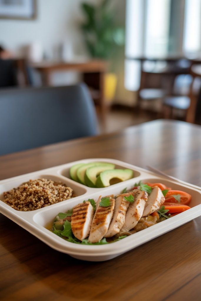 A compartment plate showing grilled chicken (protein), quinoa (carb), and avocado slices (fat) on a wooden table, indoors. No text or logos. Photo, not illustration.