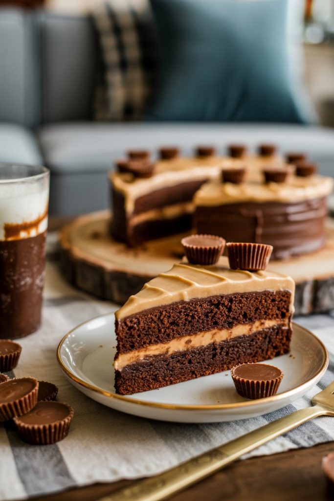 A cozy indoor game-night scene showing a slice of chocolate cake with thick peanut butter frosting and mini peanut butter cups on top. No text or logos. Photo, not illustration.