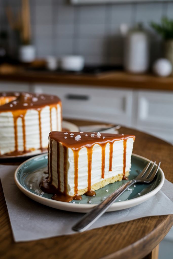 A cozy indoor kitchen table with a slice of caramel-frosted cake, thick amber caramel drips hugging the edges and a sprinkle of flaky sea salt on top. No text or logos. Photo, not illustration.