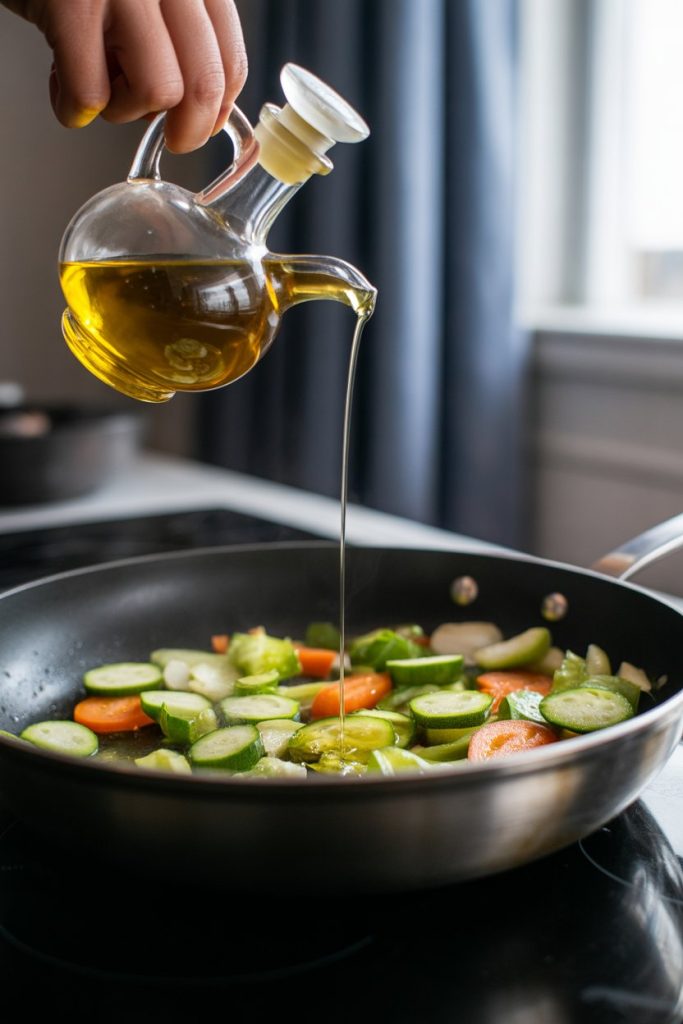 A drizzle of golden olive oil from a glass cruet onto a skillet of sautéing vegetables indoors; no text or logos; photo