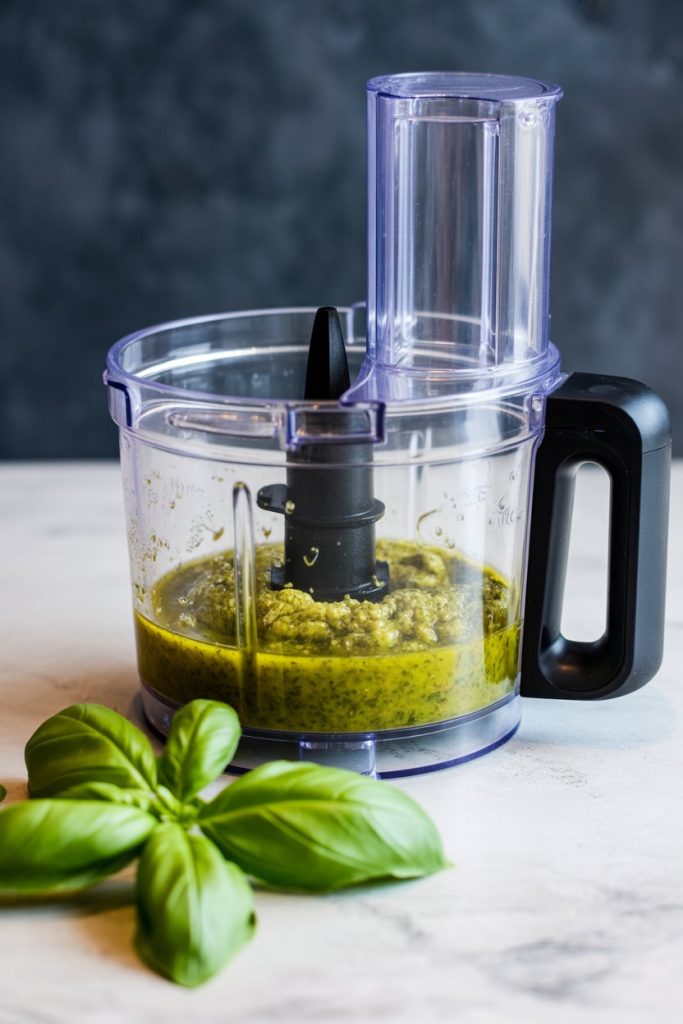 A food processor blending green pesto from wilting basil on an indoor countertop. No text or logos. Photo, not illustration.