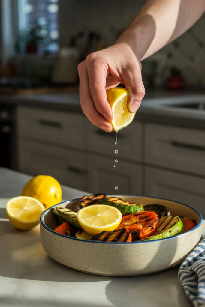 A hand squeezing a lemon over a bowl of grilled vegetables on a kitchen counter, indoor lighting. No text or logos. Photo, not illustration.