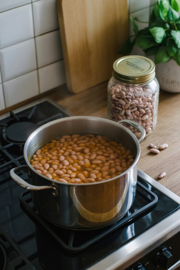 A kitchen scene with a pot of simmering beans on the stove and a jar of dried beans beside it, photo, no text or logos