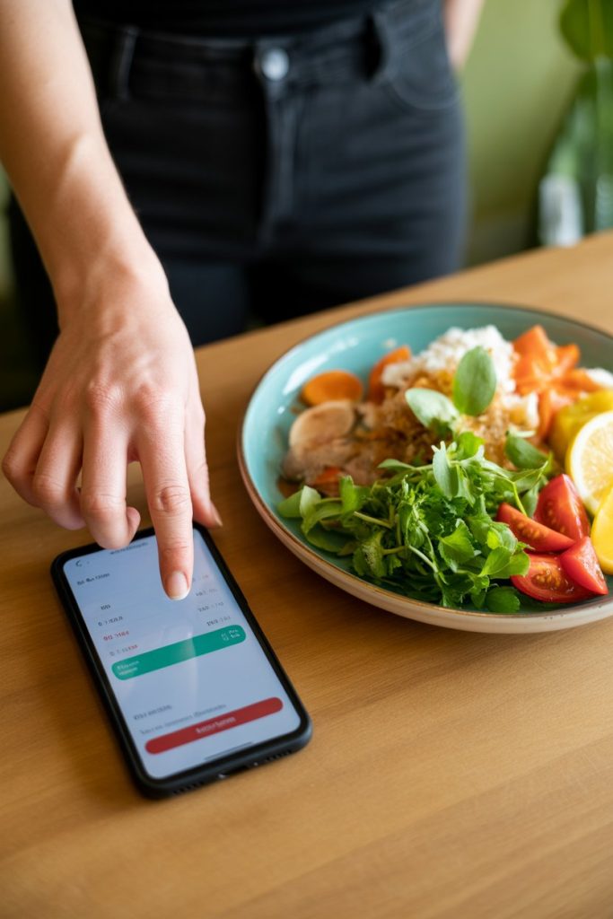 A person closing a calorie-tracking app on a phone beside a colorful meal plate indoors; no text or logos; photo