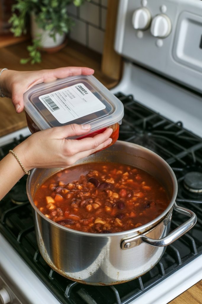 A person sealing a labeled freezer container of chili while the pot cools on the stove, indoor kitchen light, no logos.