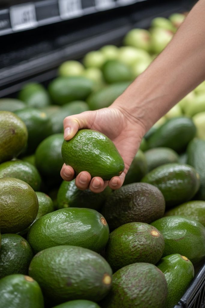 A shopper hand gently squeezing an avocado in the produce section, indoor market lighting. No text or logos. Photo, not illustration.
