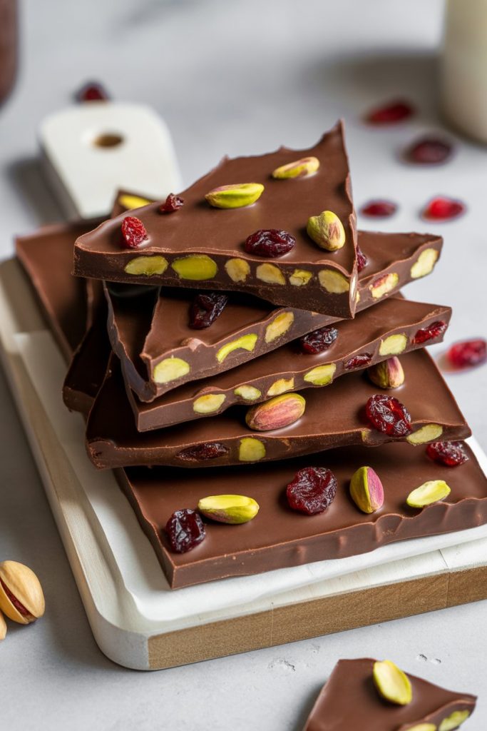A slab of dark chocolate bark broken into pieces with pistachios and dried cranberries, indoors on a dessert board. No text or logos.