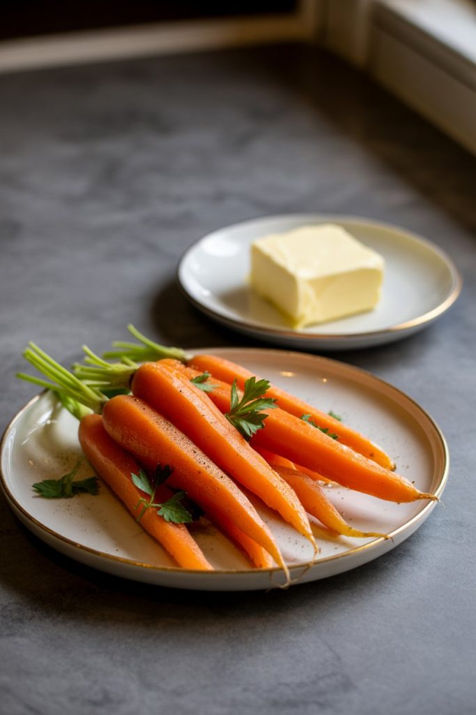 A small dish of steamed carrots sprinkled with parsley beside a separate pat of butter untouched, indoor kitchen lighting. No text or logos.