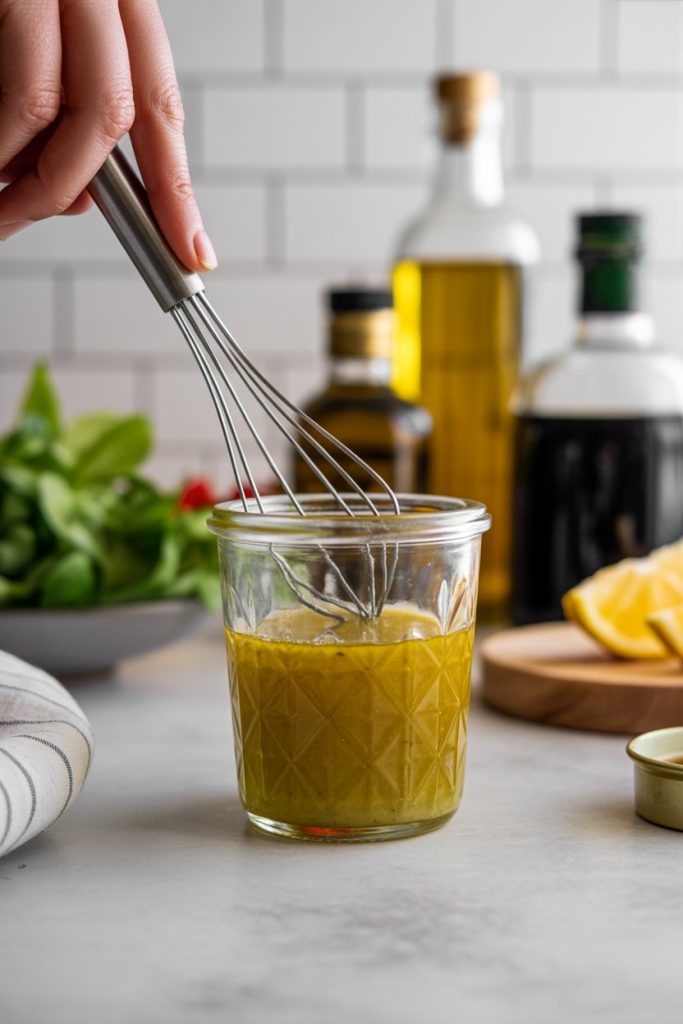 A small glass jar of homemade vinaigrette being whisked on a kitchen counter, with olive oil and vinegar bottles in the background. No text or logos. Photo, not illustration.