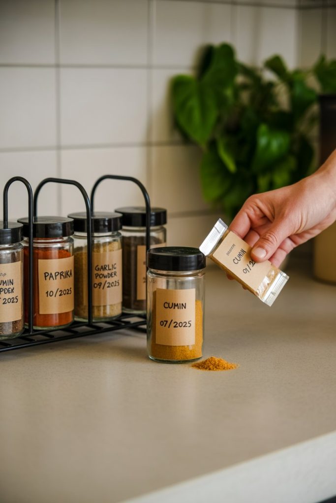 A small rack of dated spice jars beside an open jar of cumin being replaced with a fresh packet, indoor kitchen counter. No text or logos. Photo, not illustration.