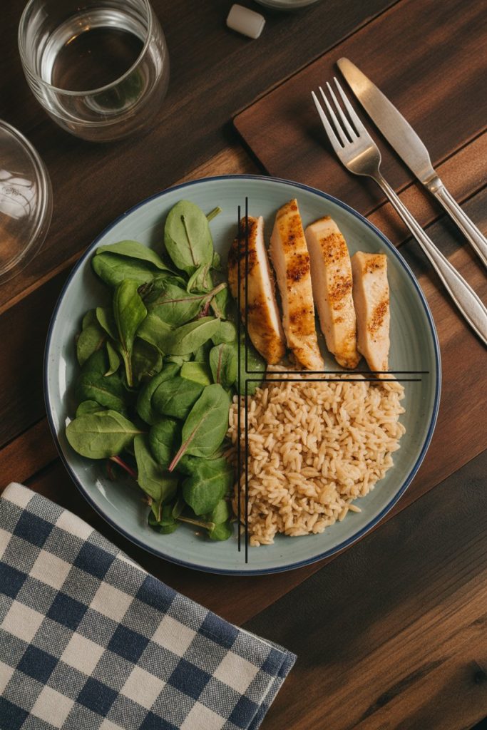 A top-down indoor shot of a dinner plate with lines drawn in food: half is leafy greens, one quarter grilled chicken, one quarter brown rice. No text or logos.