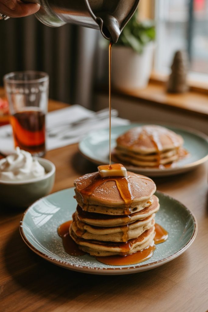 A warmly lit indoor breakfast table with a tall stack of fluffy gingerbread-spiced pancakes drizzled with maple syrup and a dusting of powdered sugar, a small bowl of whipped cream on the side. No text or logos. Photo, not illustration.