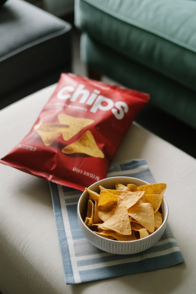 A white bowl with exactly ten tortilla chips on a coffee table indoors; the larger chip bag is sealed and set aside. No logos.