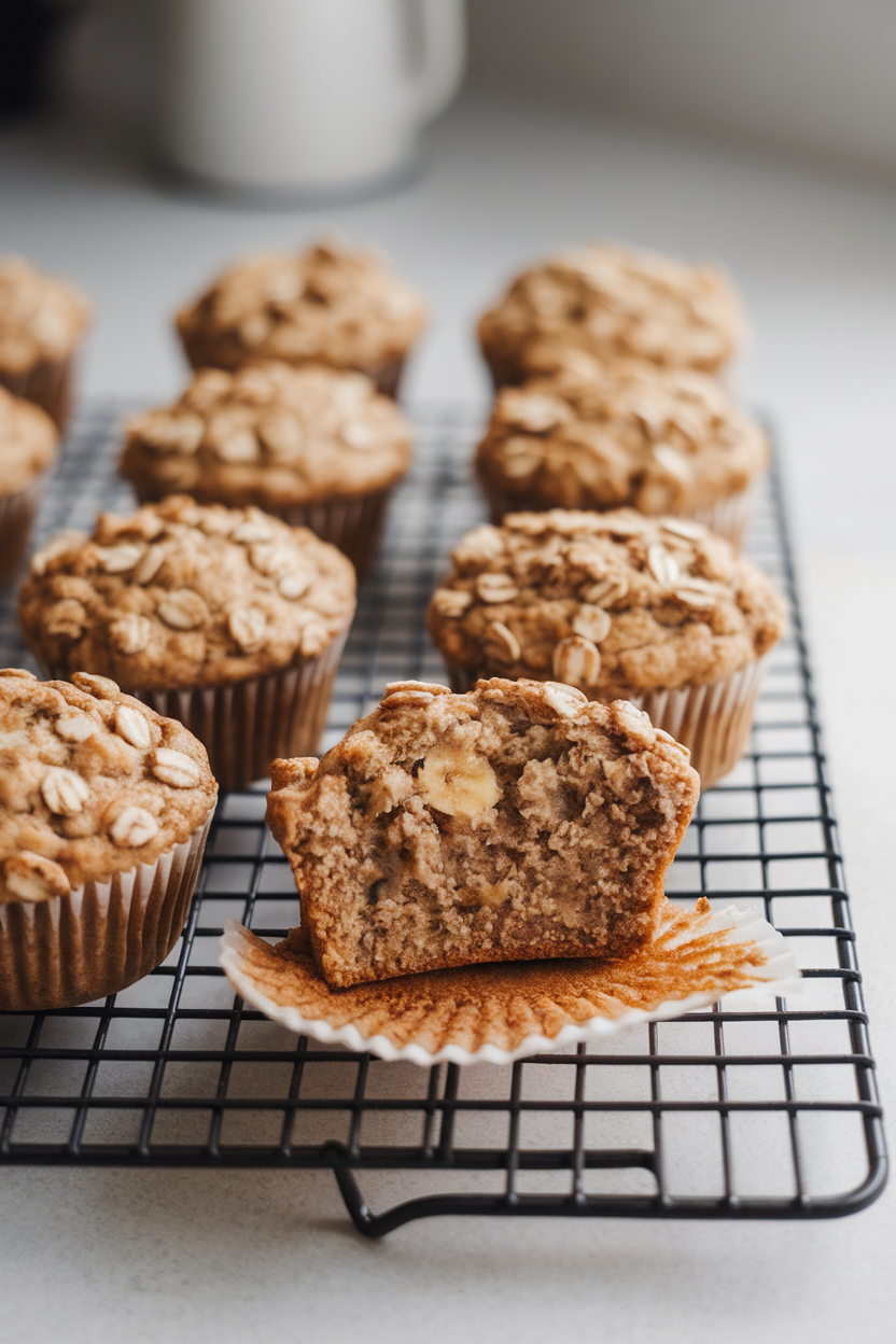 Indoor cooling-rack photo of oatmeal banana muffins with one broken open to show moist interior, no text or logos.
