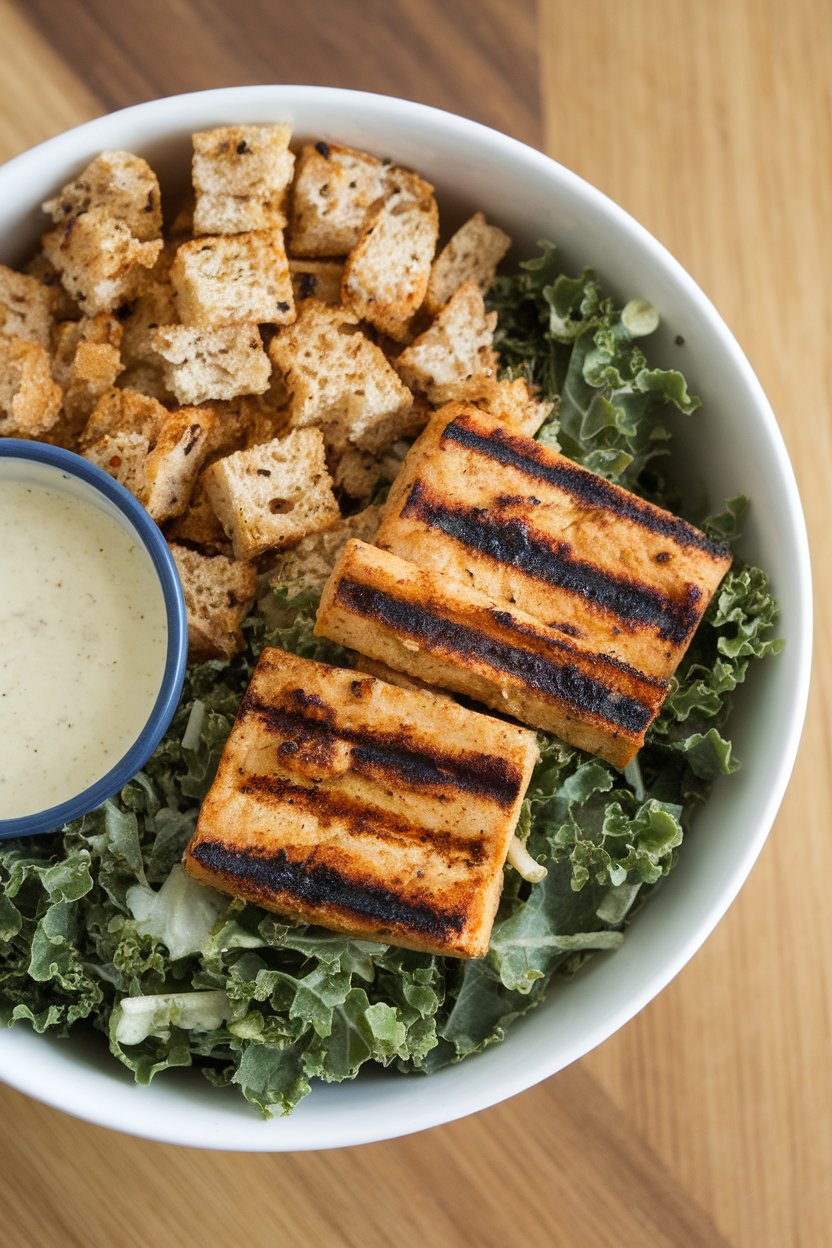 An indoor bowl with shredded kale, grilled tempeh strips, whole-grain croutons, and light Caesar dressing on the side. No text or logos; photo only.
