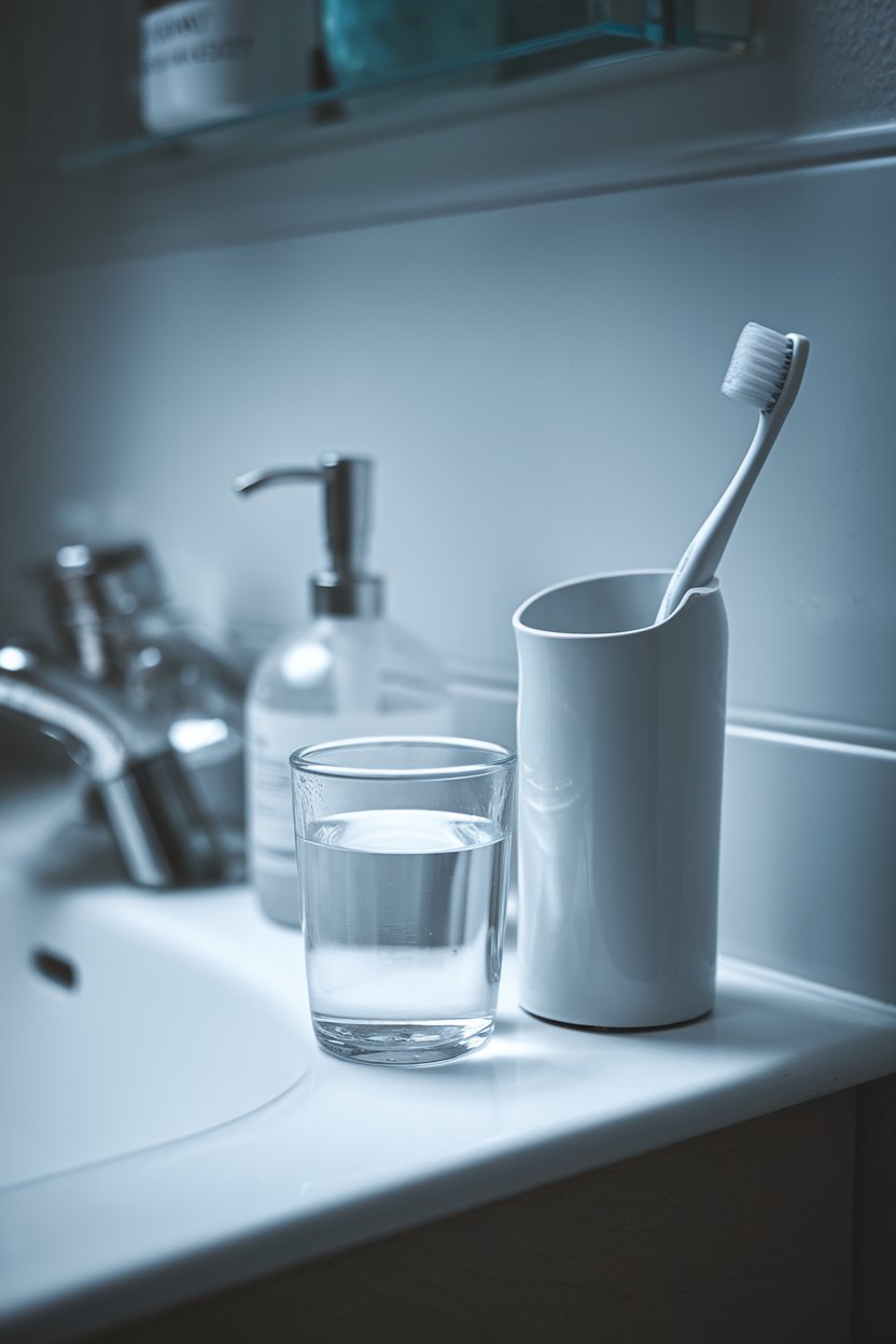 Photo of a toothbrush holder beside a full glass of water on a bathroom counter indoors. Soft lighting, no text or logos.