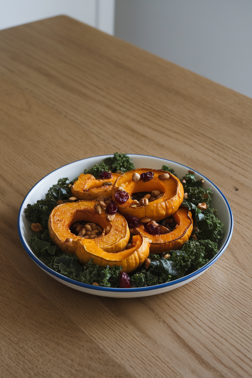 Photo of an indoor table displaying rings of roasted delicata squash over massaged kale, sprinkled with pepitas and dried cranberries. No text or logos.