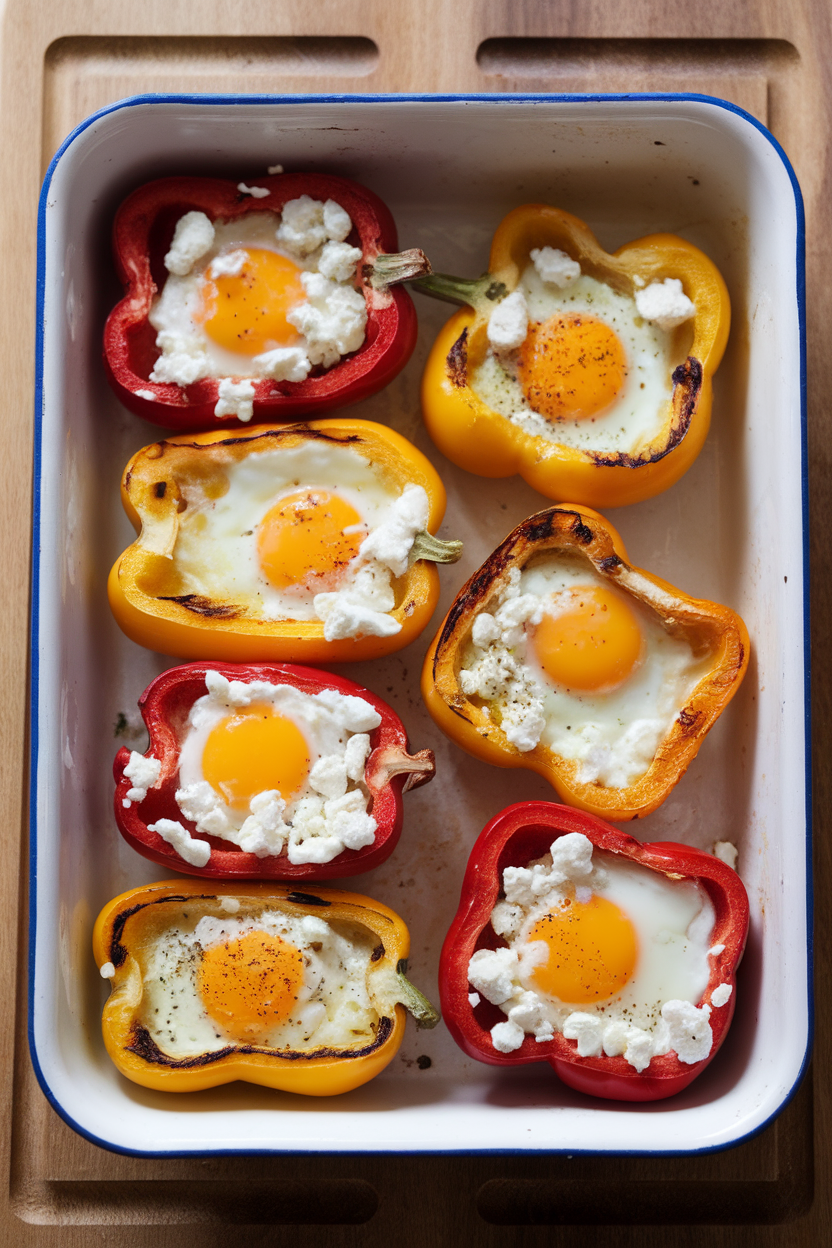 An indoor baking dish with halved bell peppers filled with cooked egg and crumbled goat cheese, slightly charred edges. Photo, no text or logos.