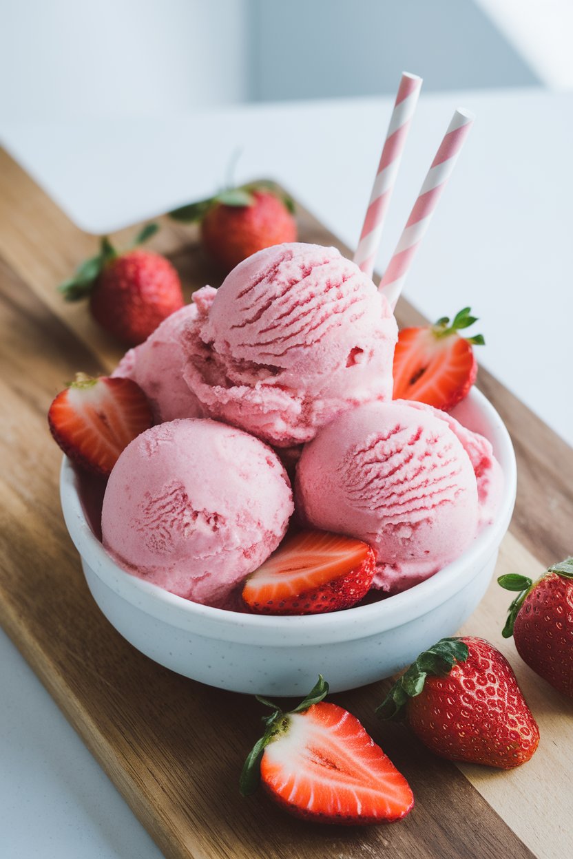 Indoor bowl of pink nice cream scoops topped with sliced strawberries; bright kitchen light, no text or logos.