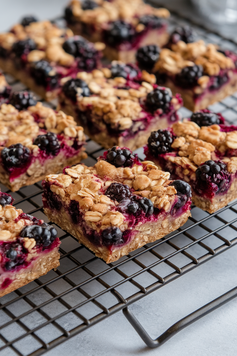 An indoor cooling rack with square berry oat bars, berries visible within the crumb, no text or logos. Photo only.