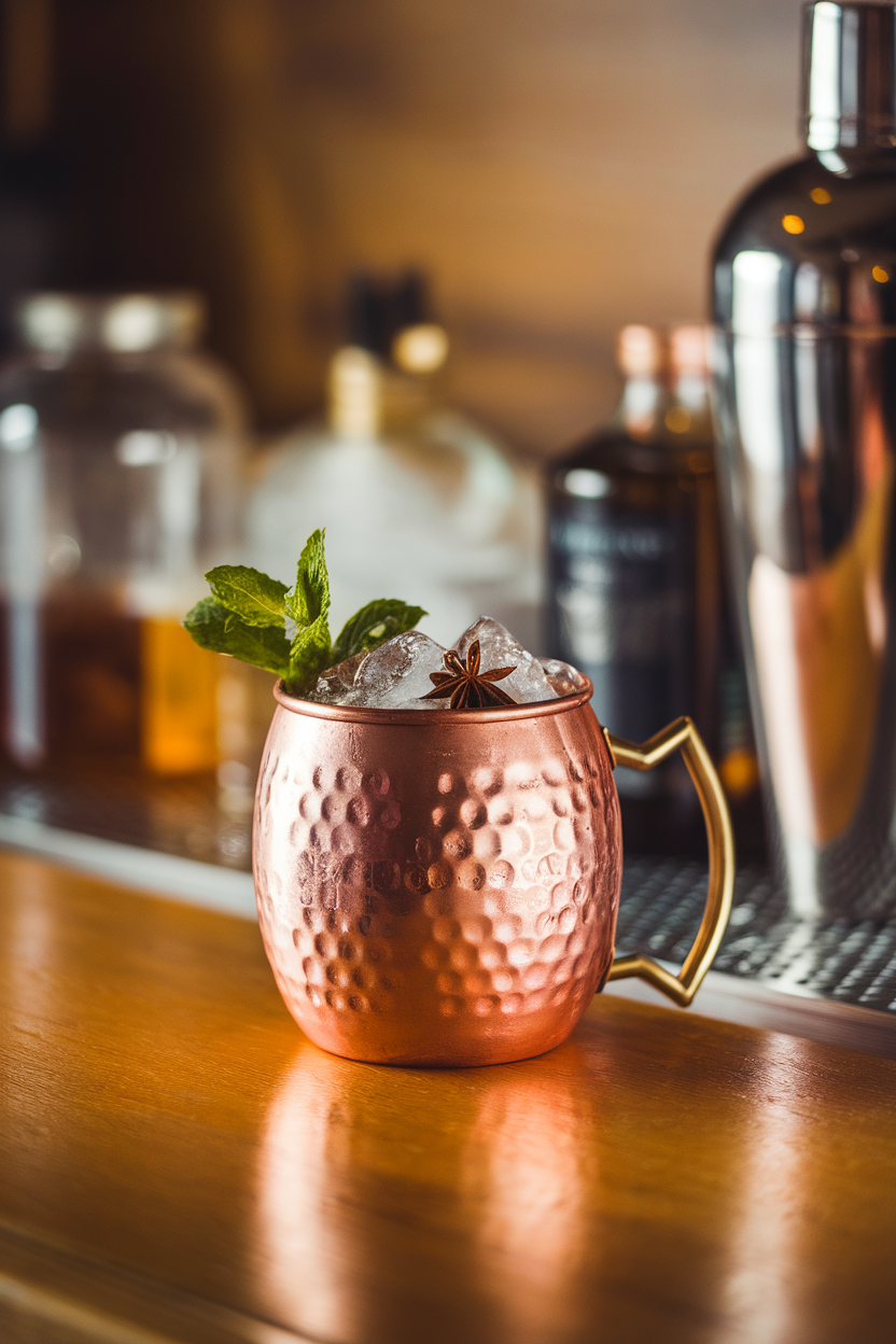 Indoor bar top with a copper mug of plum and star anise mule, crushed ice and mint sprig visible. Photo, no text or logos.