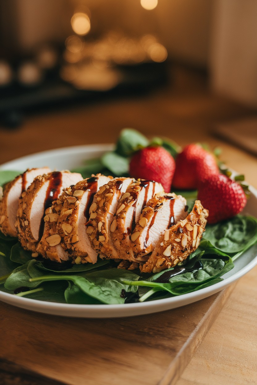 Indoor photo of sliced almond-crusted baked chicken on baby spinach with fresh strawberries and balsamic glaze drizzle. Warm indoor lighting, no text or logos.