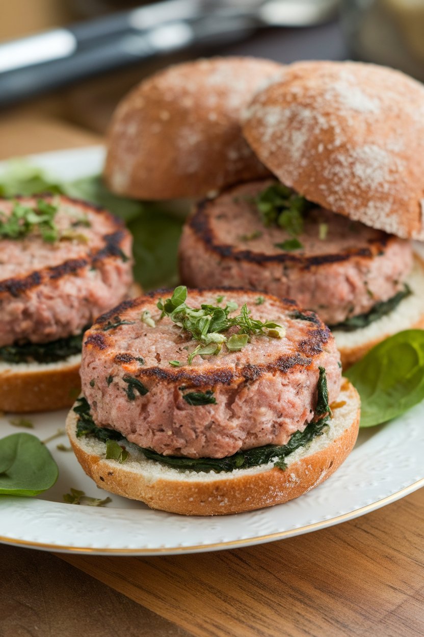 An indoor plate with small turkey burger patties flecked with spinach and feta, accompanied by whole-grain buns on the side. No text or logos; photo only.