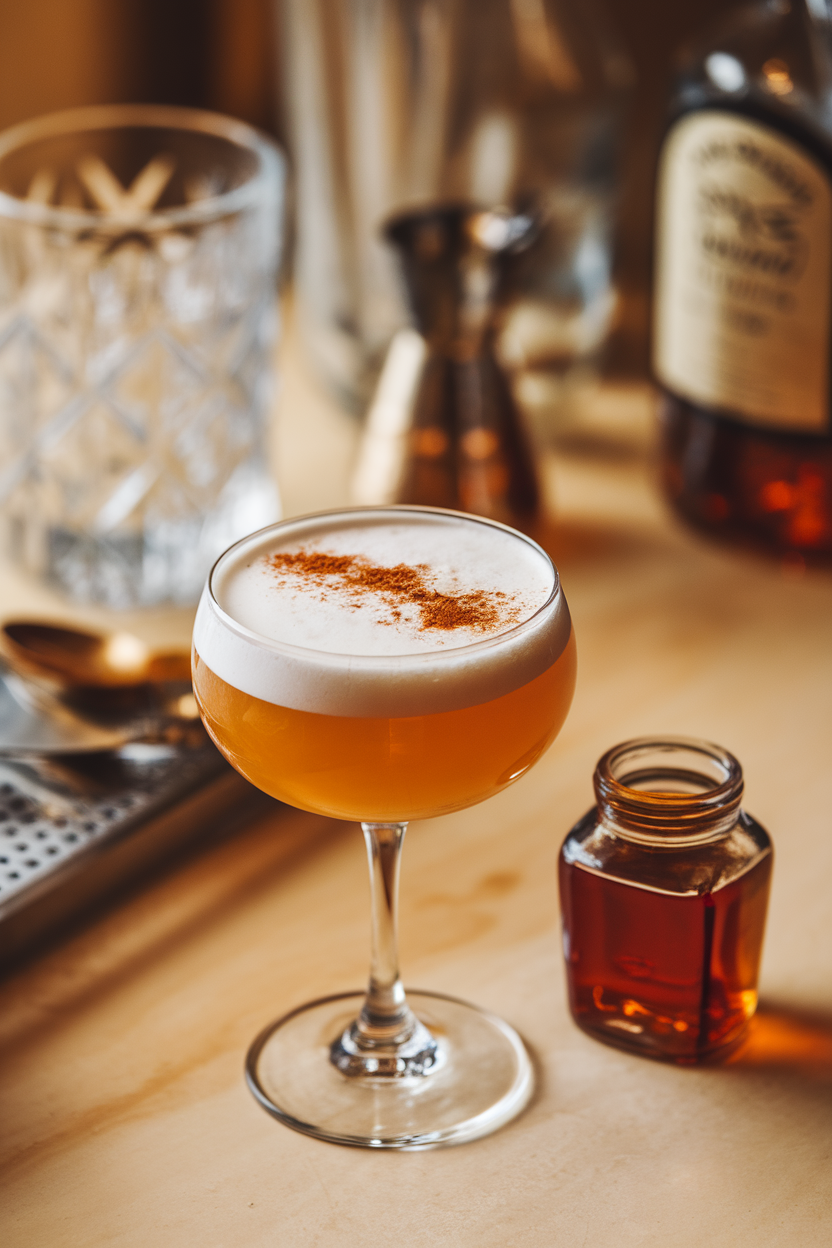 Warm indoor bar with stemmed glass of frothy bourbon flip, dusting of cinnamon on top, small maple syrup jar adjacent. Photo, no text or logos.