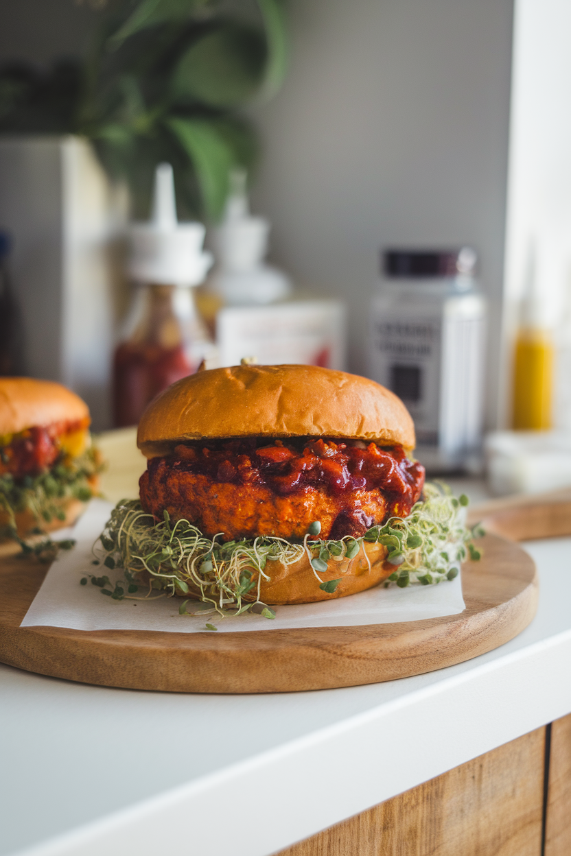 Photo of a glazed tempeh burger covered in smoky sauce, resting on a sprouted bun, indoor counter scene; no text or logos; photo, not illustration
