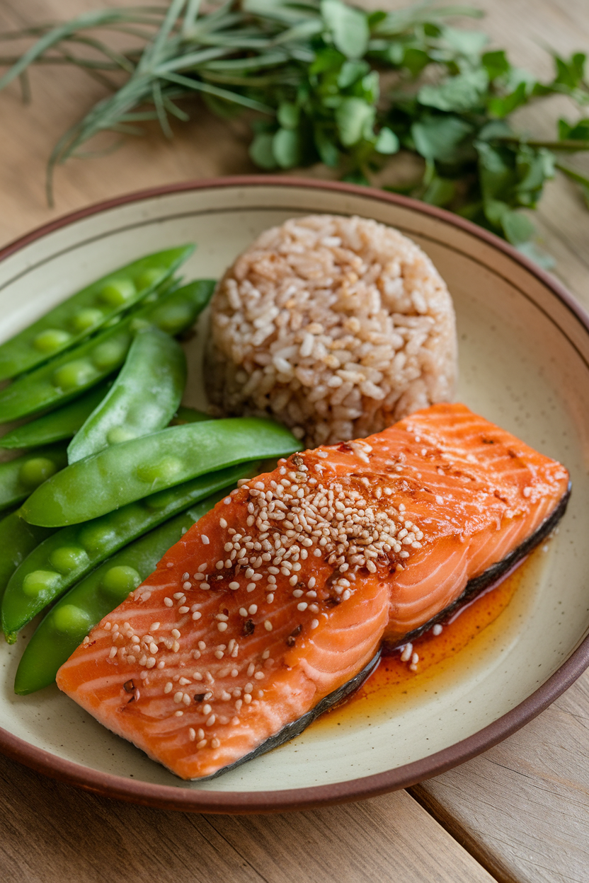 Indoor photo of cooked glazed salmon fillet topped with sesame seeds, next to a scoop of brown rice and crisp green snap peas on a ceramic plate. No text or logos.