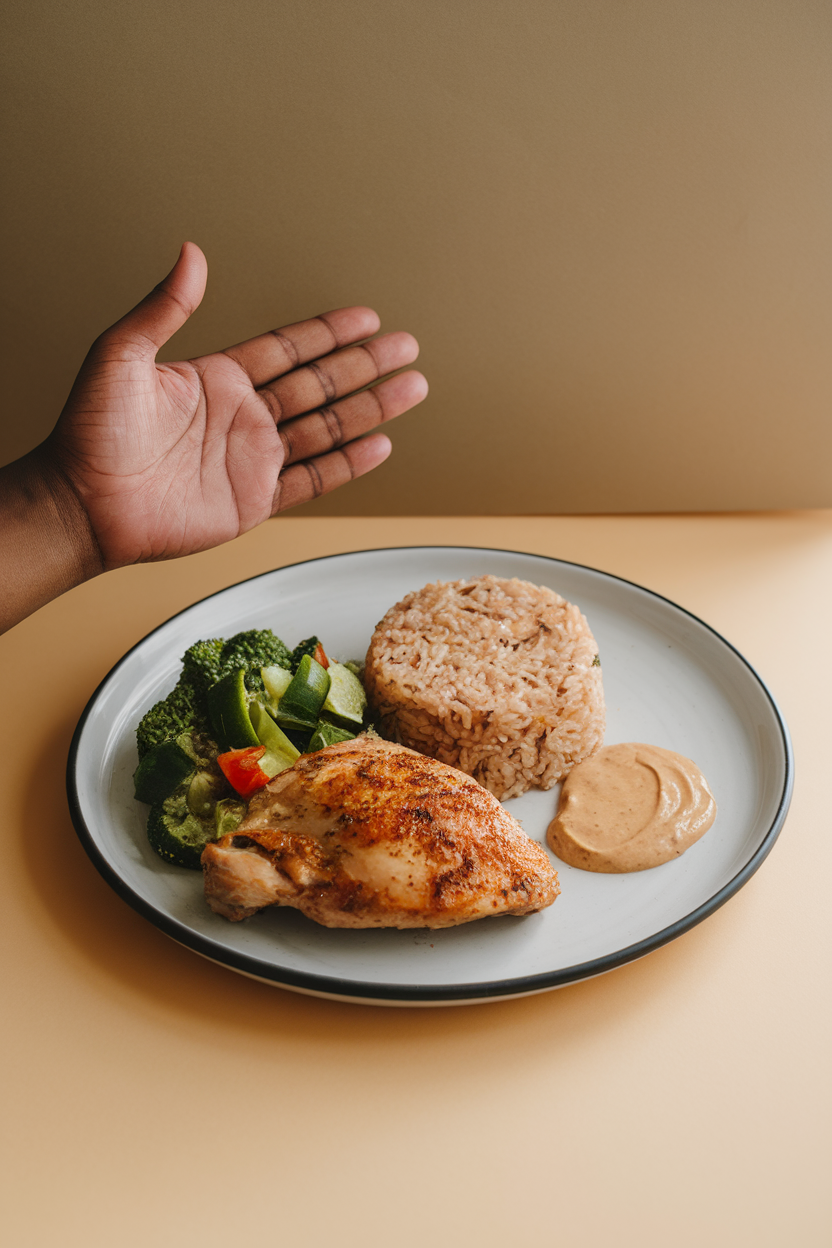 An open hand next to a plated meal showing palm-sized chicken, fist-sized rice, and thumb-sized dressing, photographed indoors; no text or logos; photo