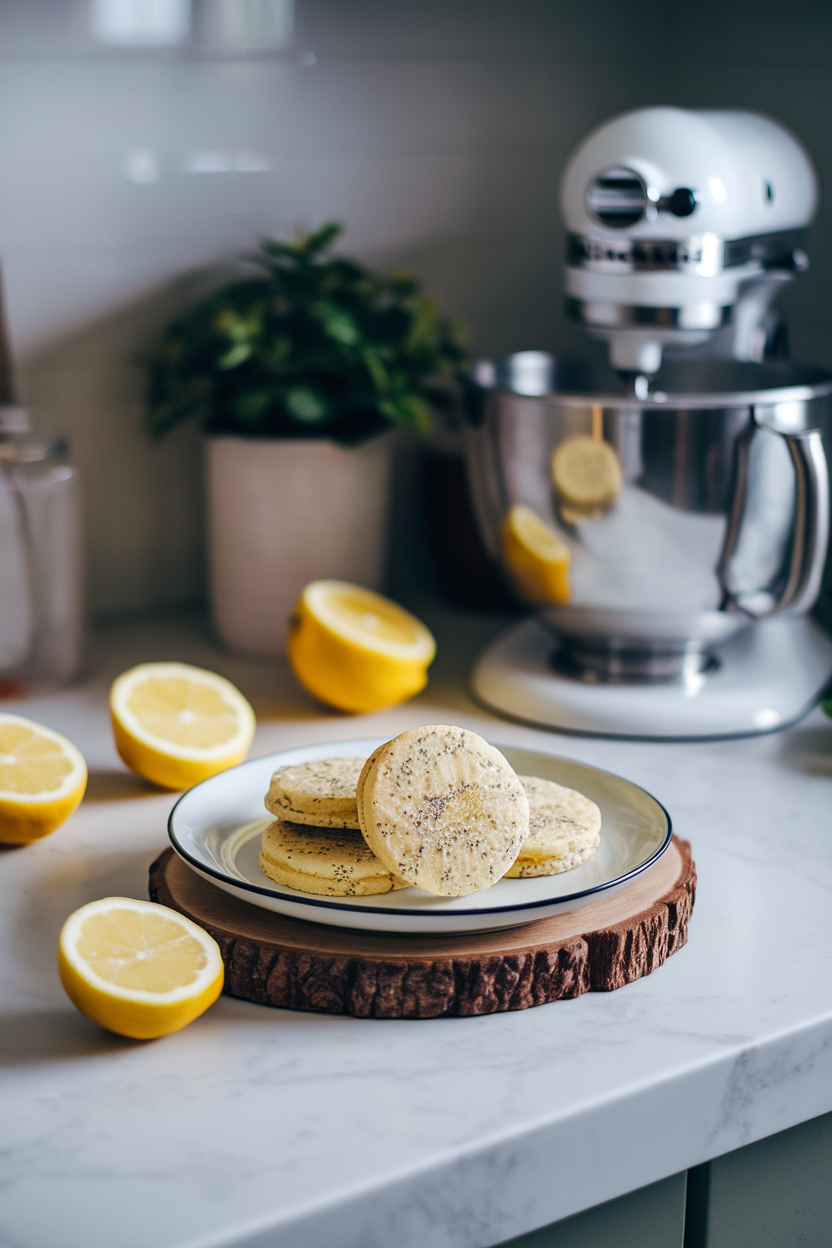 Photo prompt: Softly lit kitchen island with small lemon cookies speckled with chia seeds on a white plate, lemon slices in background, no logos.
