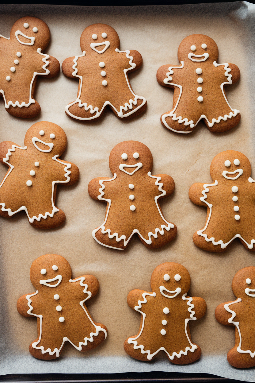 Indoor photo of classic gingerbread men on a parchment-lined baking sheet, icing details minimal; no text or logos