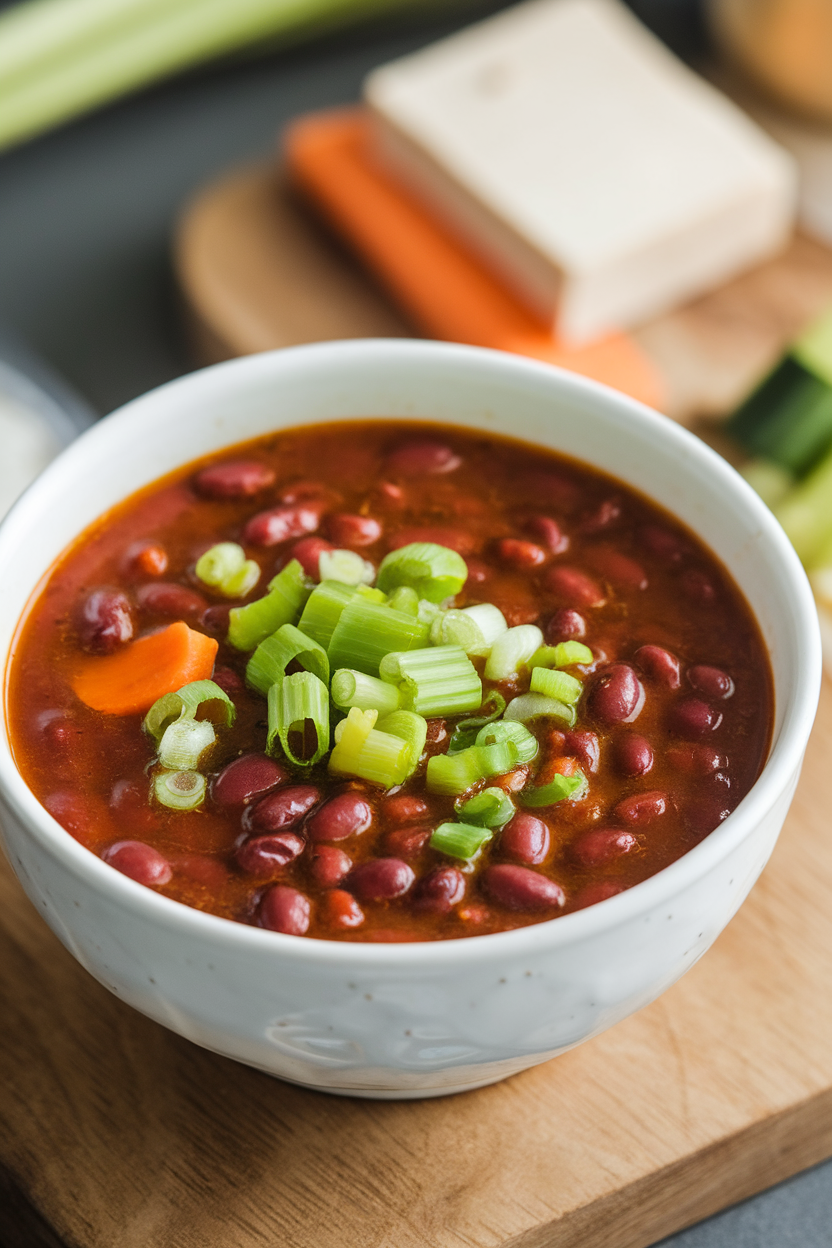 Indoor photo of rich red bean soup with celery and carrot pieces, topped with chopped scallions, no text or logos.