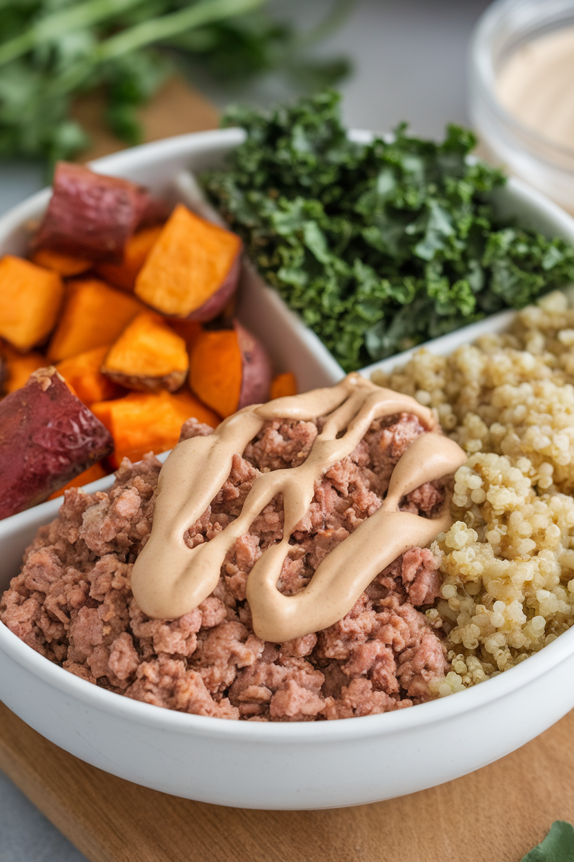 Indoor photo of compartmented bowl featuring ground turkey, roasted sweet potatoes, kale, quinoa, and tahini sauce drizzled on top, no text or logos.