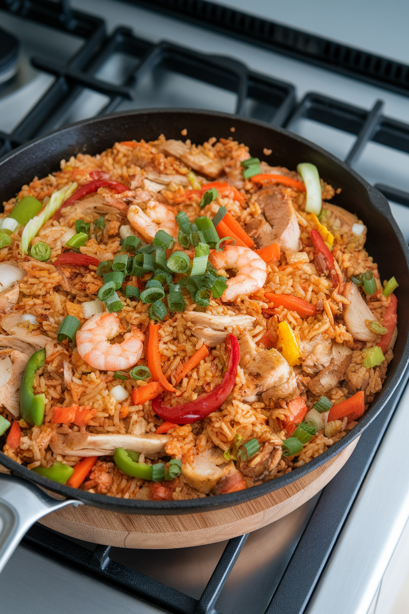 A skillet of fried rice made with assorted chopped leftovers, indoor stovetop scene, photo, no text or logos